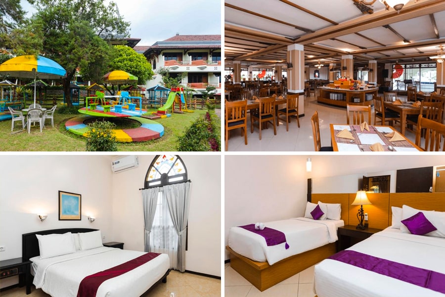 playground, bed room, restaurant collage of a hotel 