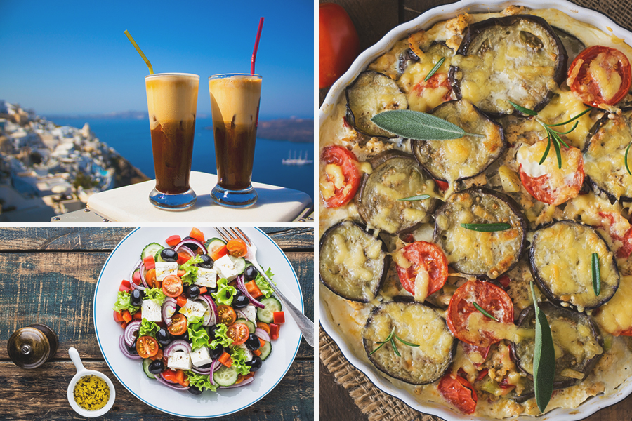 iced coffee and Greek salad