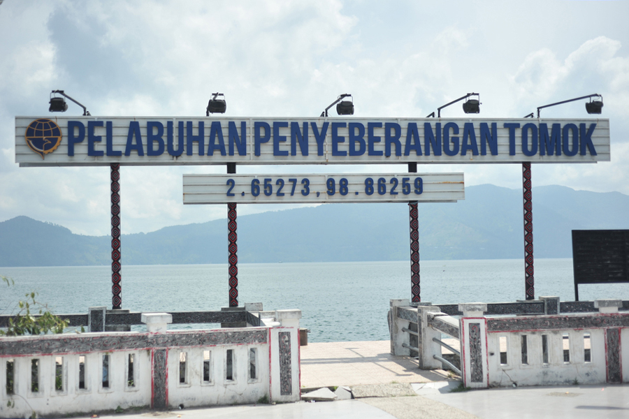 symbol of the port of crossing on Lake Toba, Tomok, lake toba, indonesia, march 2021