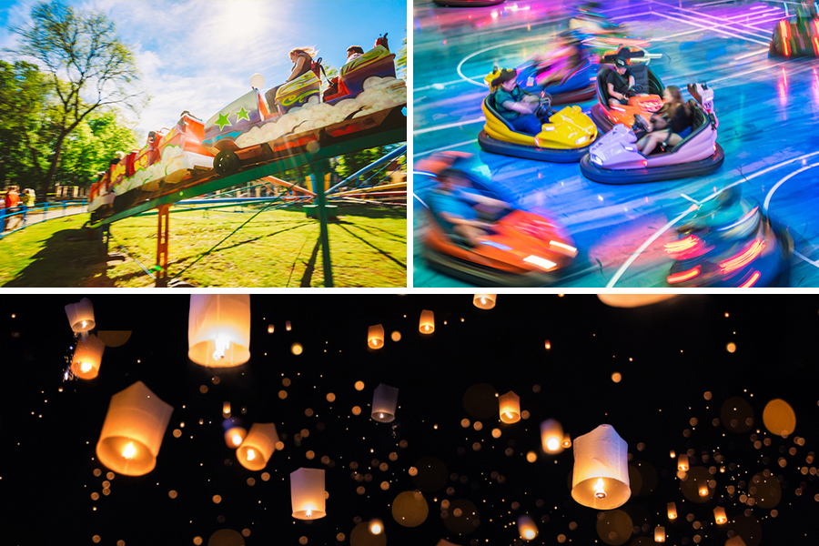 Roller coaster, bumper car, lantern collage